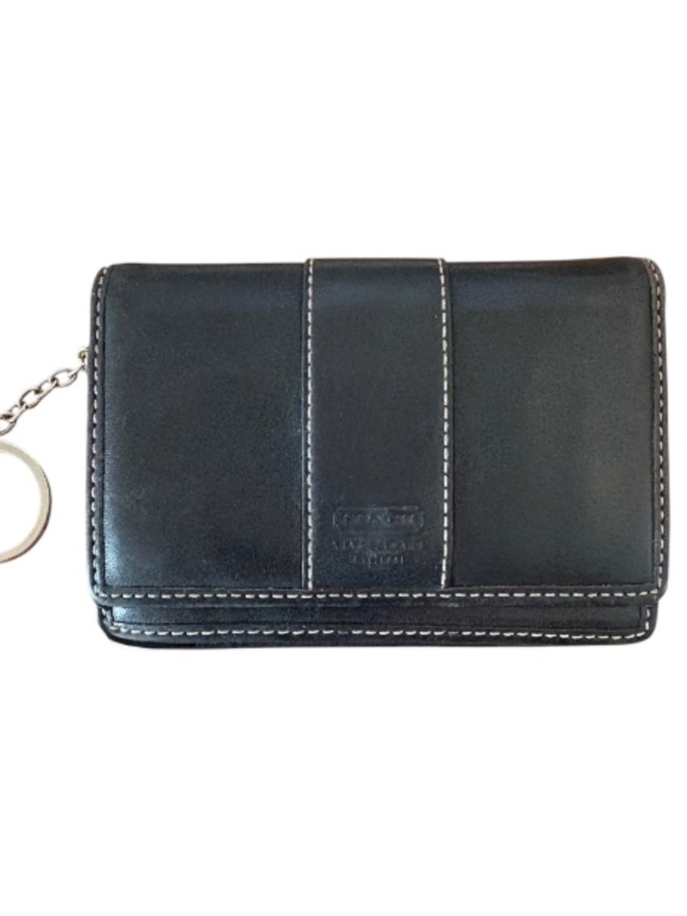 Coach Vintage Black Leather Multi Case Snap Wallet Keyring White Contrast Stitch
